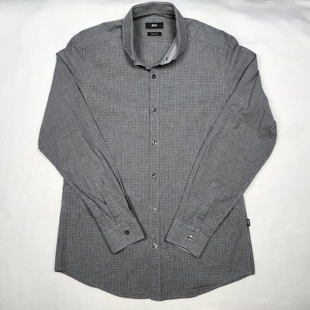 ✅ Boss Hugo Boss Classic Long Sleeve Button Up Check Pattern Collar Shirt Size M